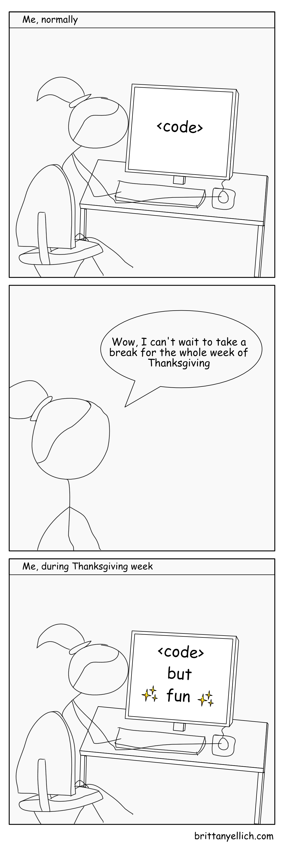 Three panel comic. First panel is me sitting at a computer that says <code>. Second panel is me saying 'wow I can't wait to take a break for the whole week of Thanksgiving'. Third panel is me sitting at the computer again during thanksgiving week that says <code> but fun.