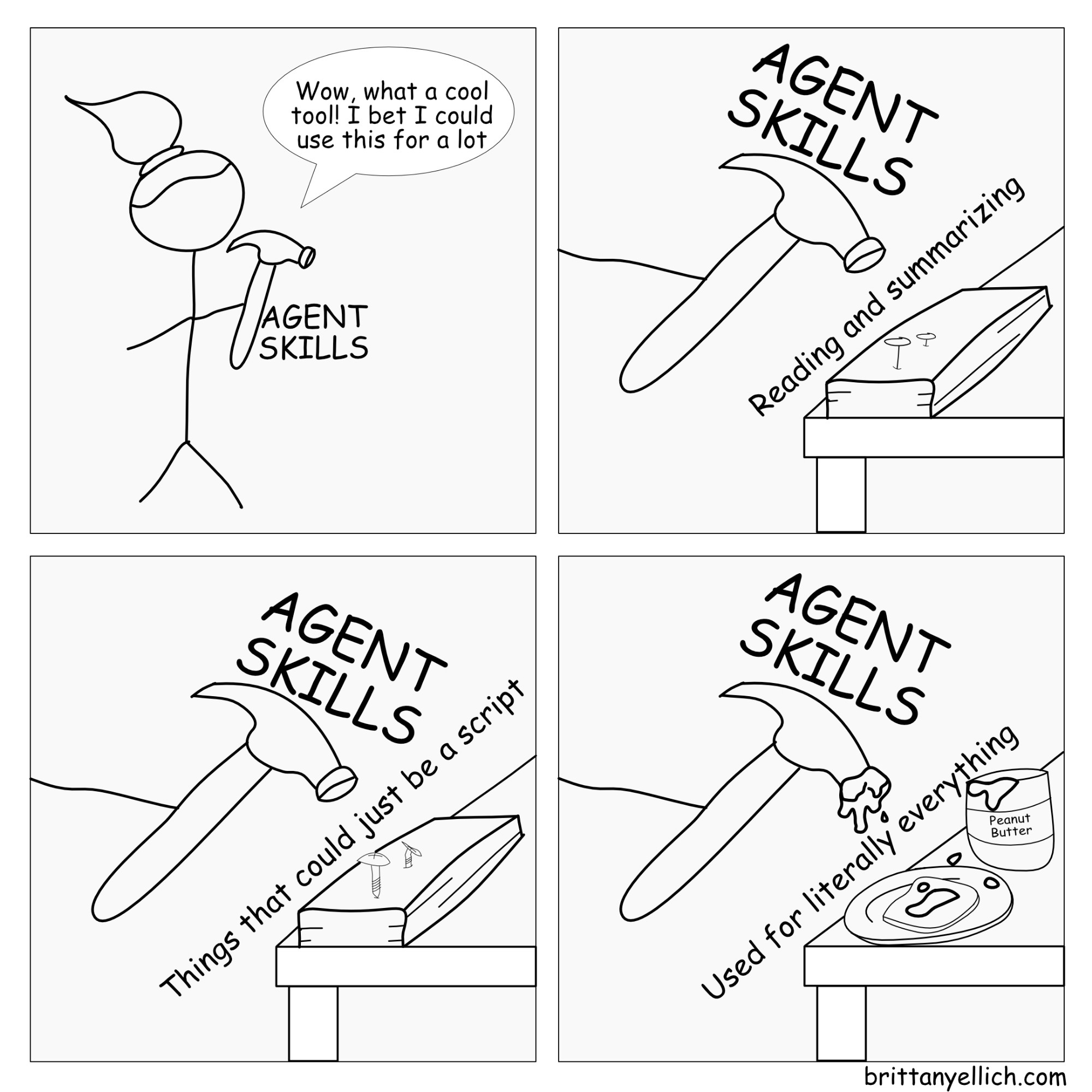 A four panel comic with someone holding a hammer labeled "agent skills", saying "wow what a cool tool! I bet I could use this for a lot. Second panel the hammer is hammering a nail labeled "reading and summarizing", third panel the hammer is nailing a screw saying "things that could just be a script", fourth panel is the hammer being used to spread peanut butter on toast labeled as "used for literally everything"