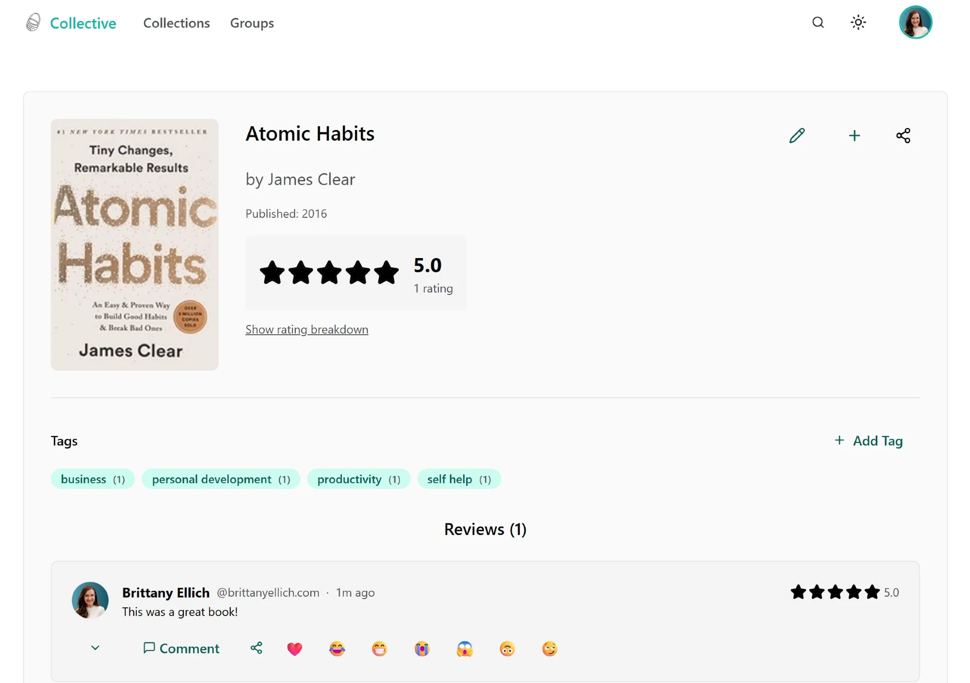 A media page for the book Atomic Habits. There's an edit button, a plus button to add it to a collection, and a share button. There are review stars, tags, and a list of reviews with the ability to add comments and reactions to the reviews.