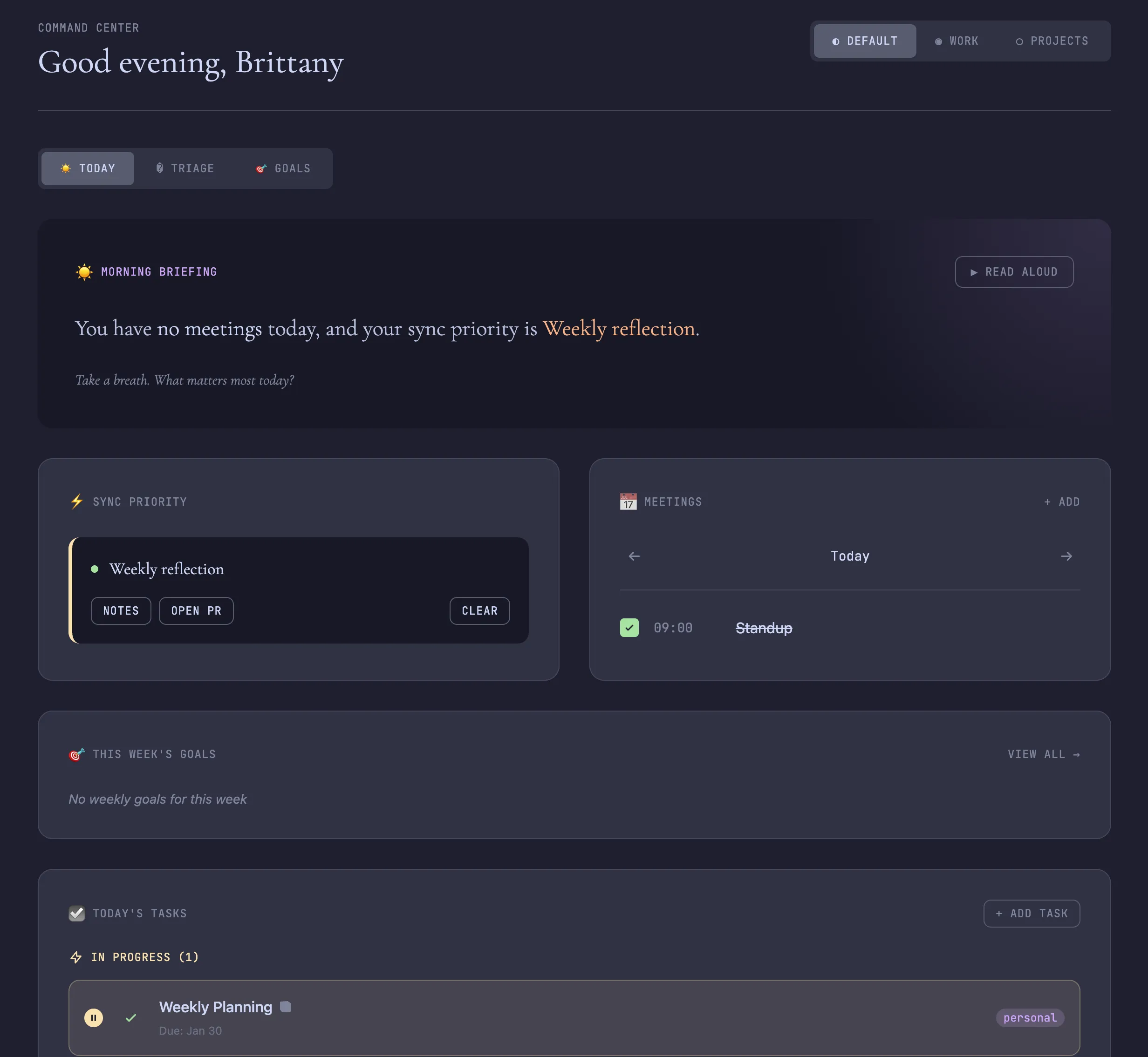 Command Center screenshot showing a focus, a to do list, a morning briefing, a list of meetings, etc. There are also triage and goals buttons