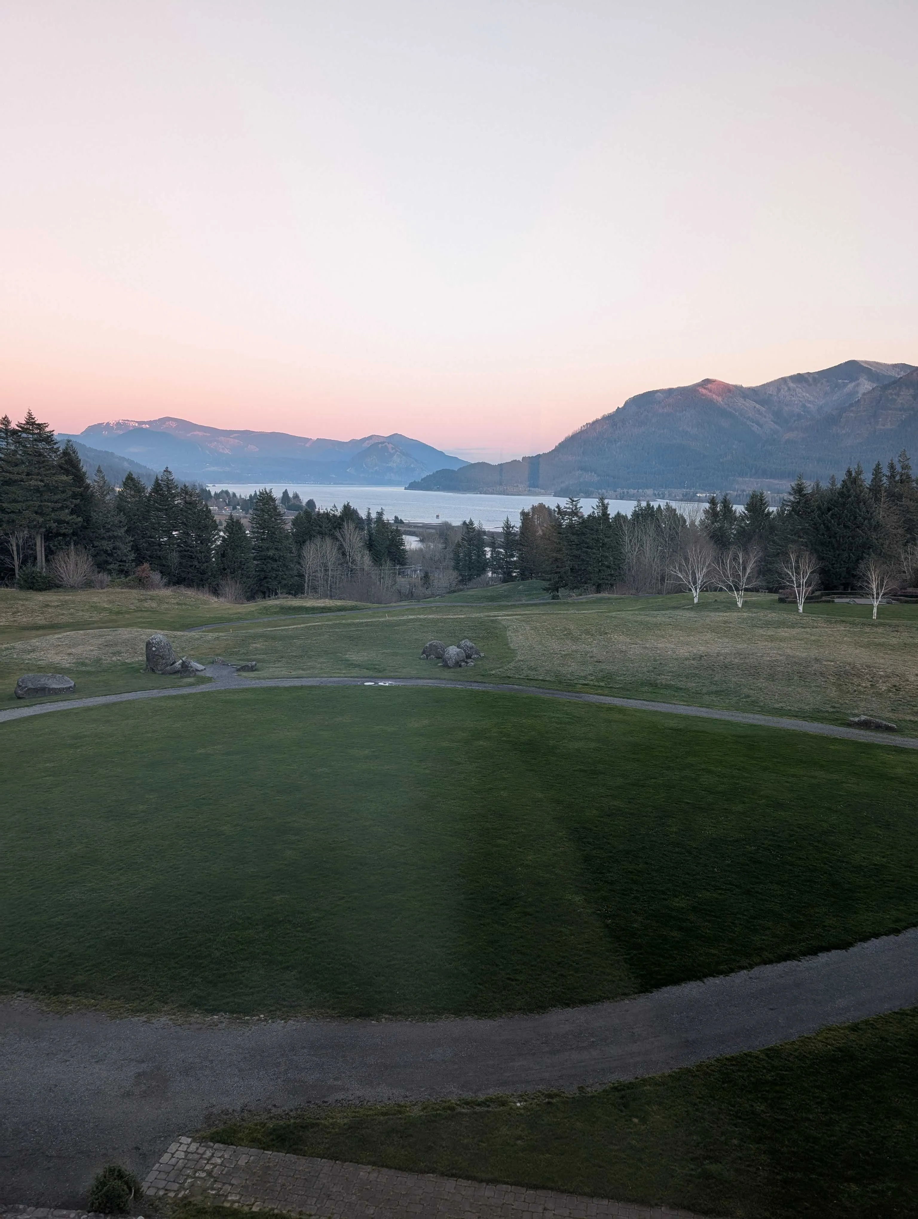 A view of the Columbia River Gorge at sunset from the window