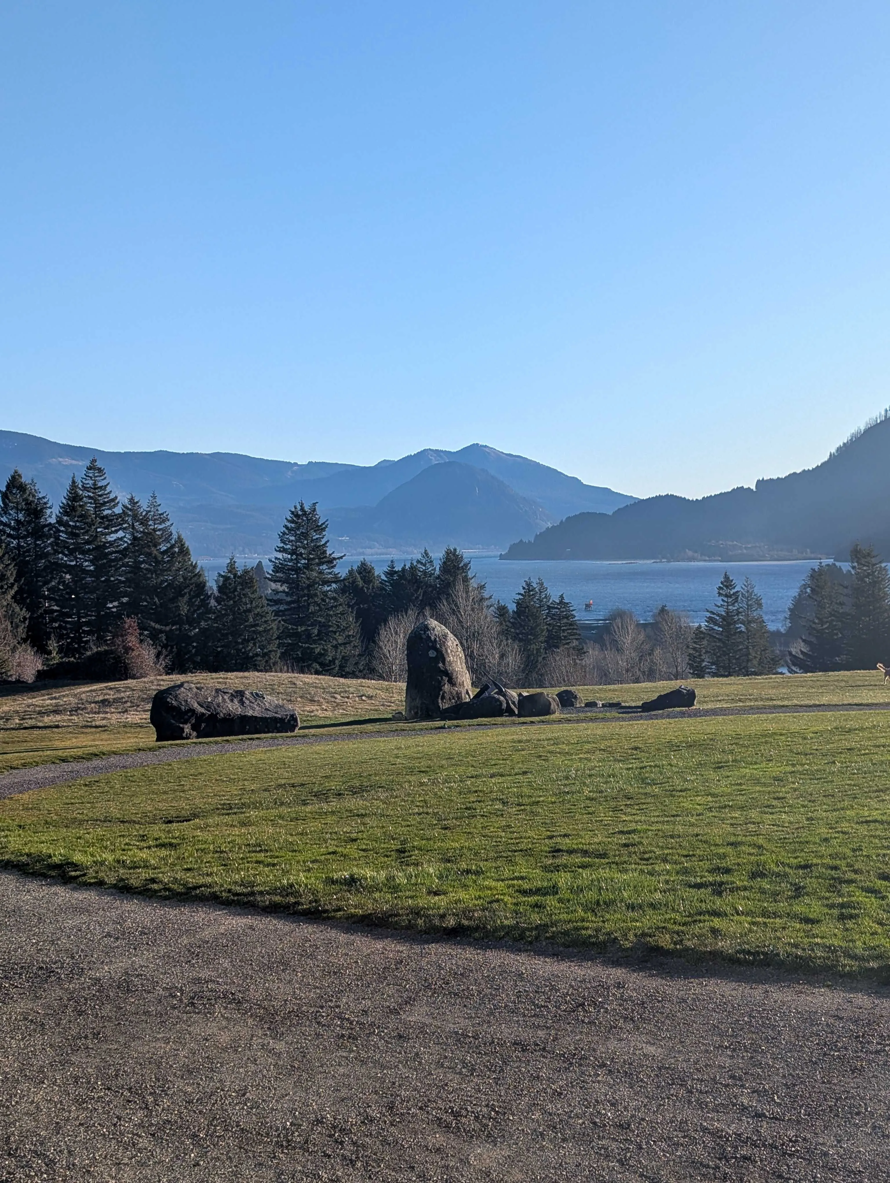 A view of the Columbia River Gorge. There's a river, a clear blu sky, green grass, and some rolling hills in the background